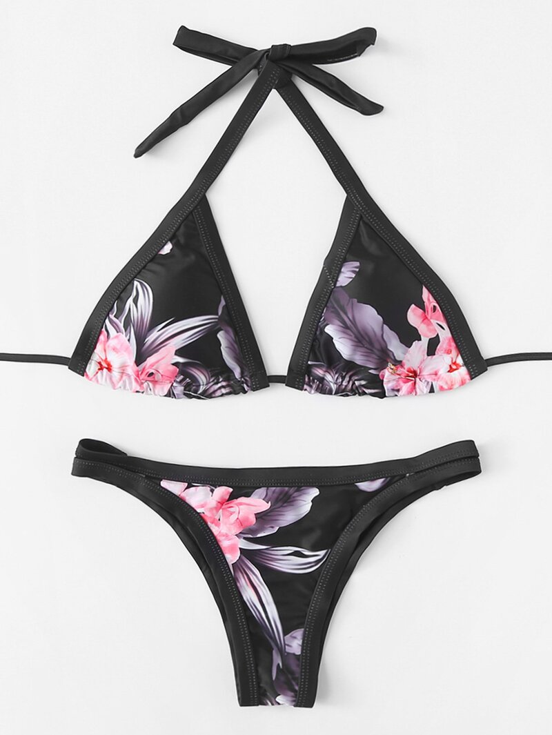 

Flower Print Triangle Bikini Set, Multicolor