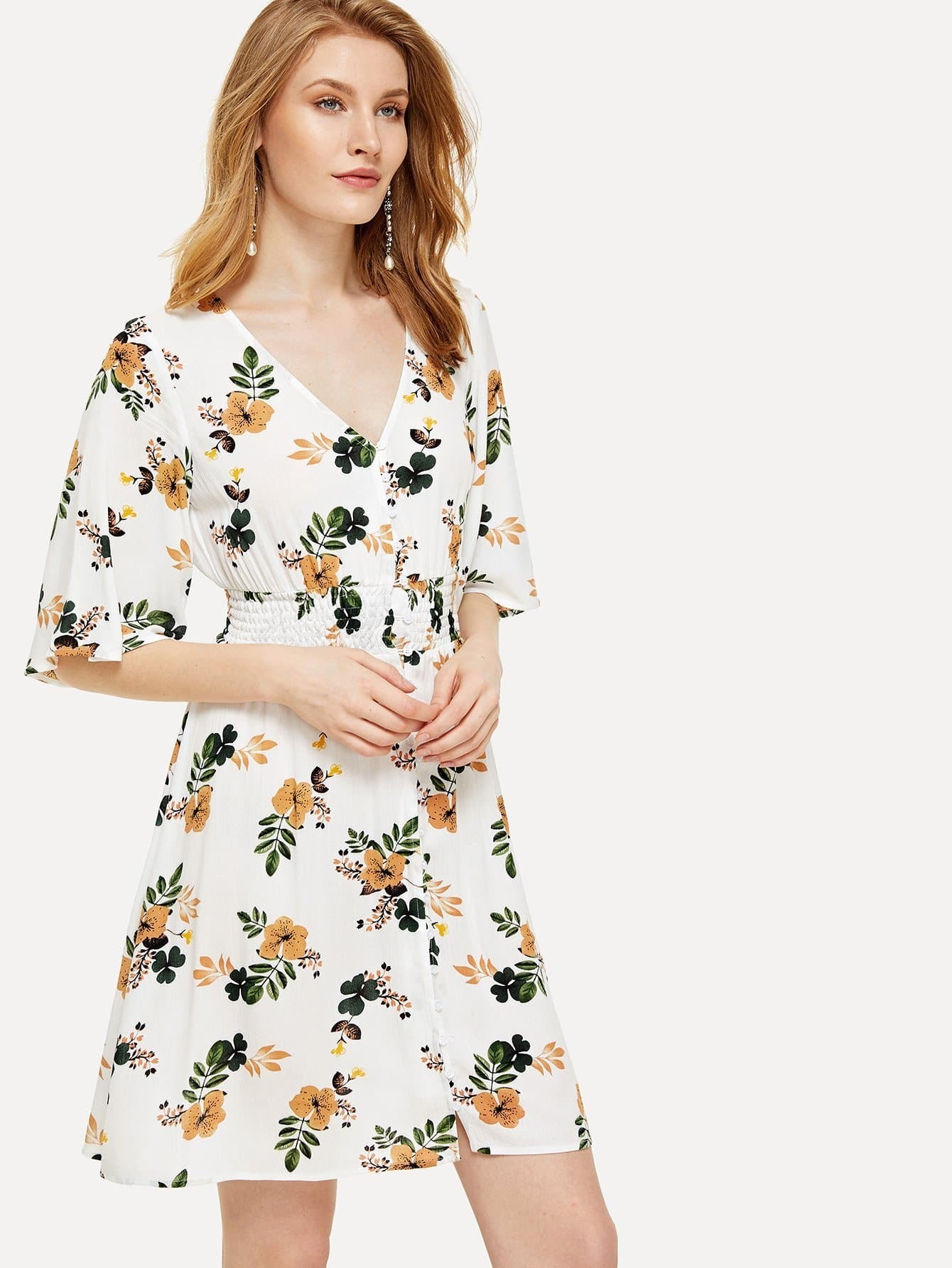 button up shirred waist floral dress -shein(sheinside)