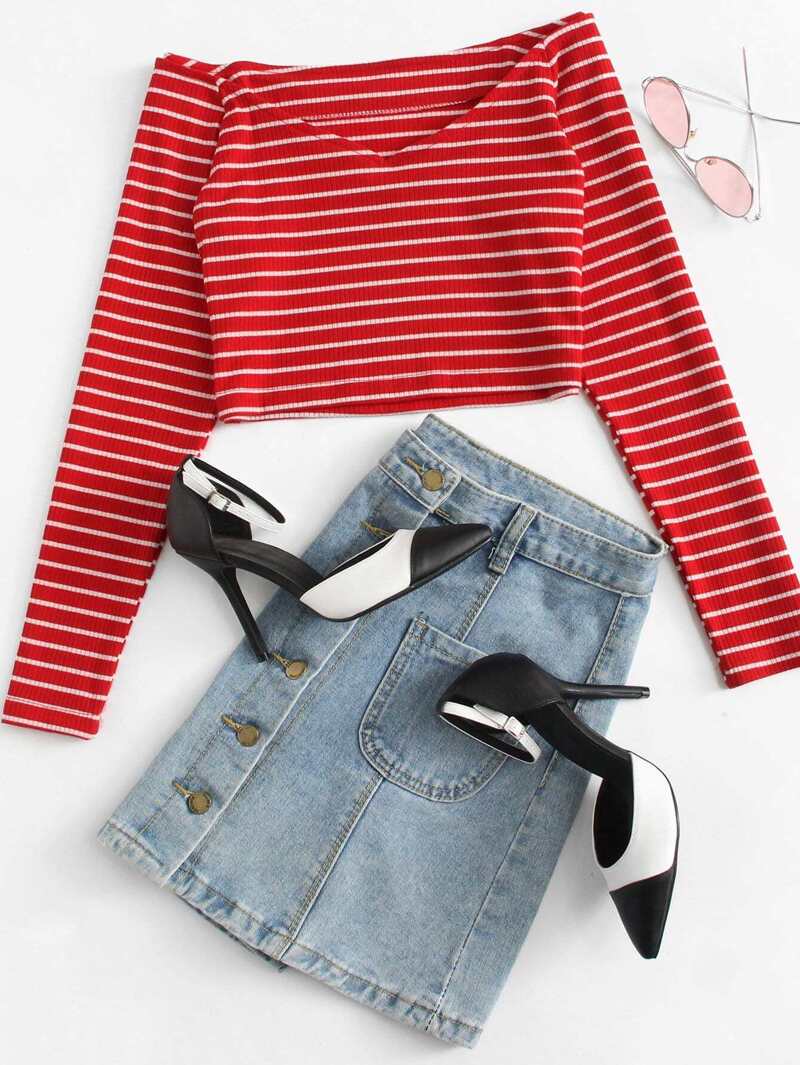 

Off Shoulder Striped Ribbed Tee, Red