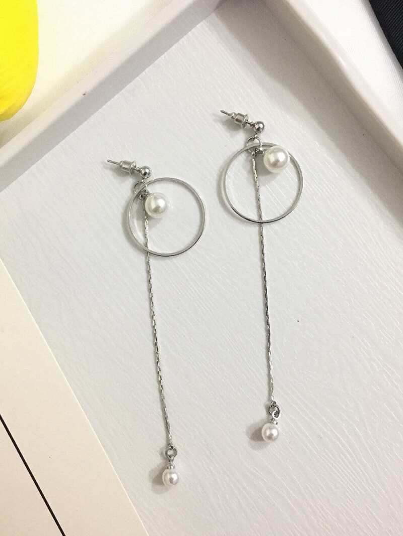

Faux Pearl Drop Hoop Earrings, Silver