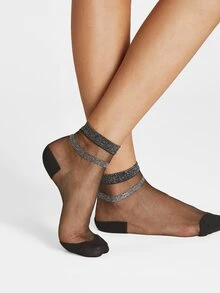 1 par de calcetines de media caña para mujer con doble raya de hilo plateado y malla - Negro - Ver 2