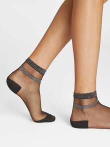 1 par de calcetines de media caña para mujer con doble raya de hilo plateado y malla - Negro - Ver 3