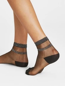 1 par de calcetines de media caña para mujer con doble raya de hilo plateado y malla - Negro - Ver 1