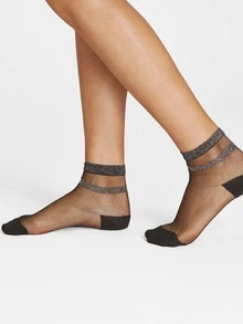 1 par de calcetines de media caña para mujer con doble raya de hilo plateado y malla - Negro - Ver 4