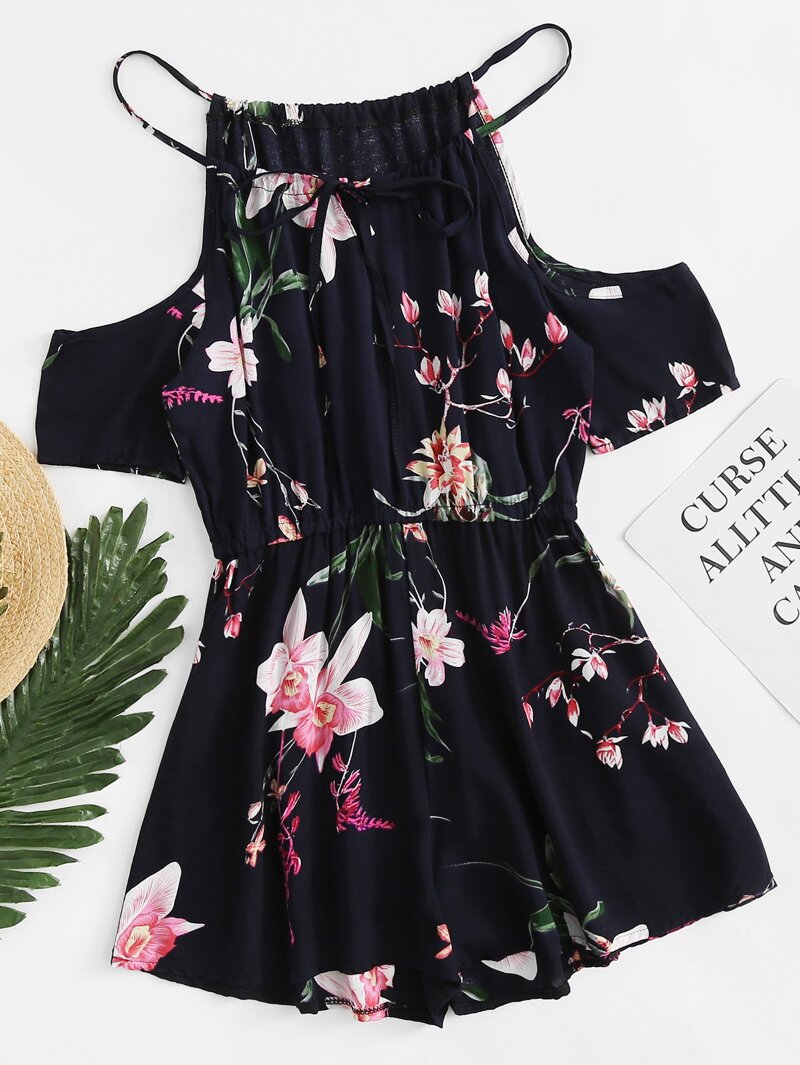 

Open Shoulder Floral Print Romper, Navy