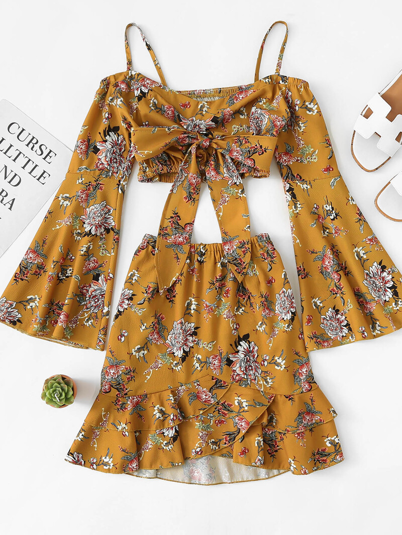 

Open Shoulder Floral Print Crop Top With Skirt, Multicolor