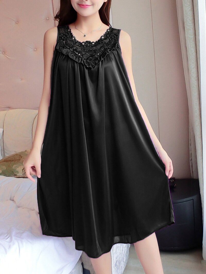 

Solid Floral Lace Night Dress, Black