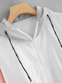 Color Block Drawstring Zip Up Jacket - White - View 4
