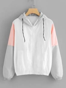 Color Block Drawstring Zip Up Jacket - White - View 1