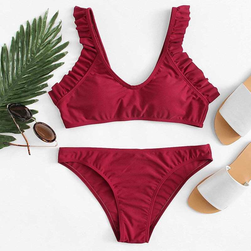 

Wide Strap Ruffle Top With Ruched Bikini Set, Burgundy