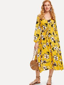 Flower Print Drawstring Waist Button Front Dress