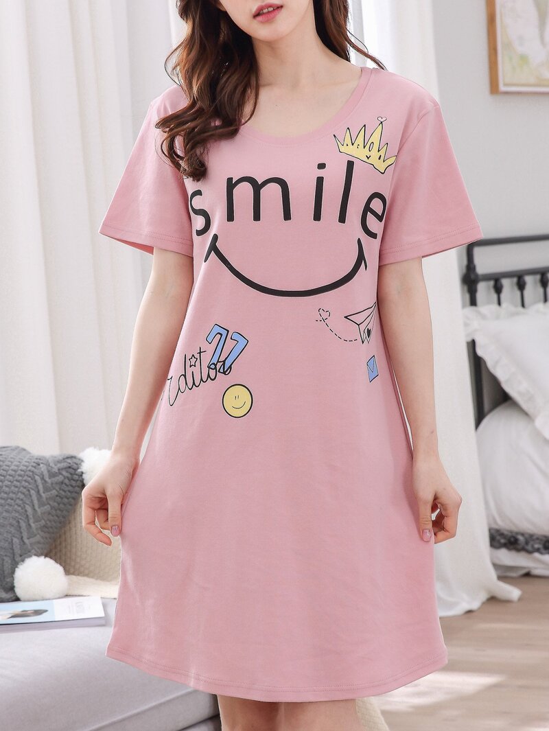 

Cartoon & Letter Print Night Dress, Pink