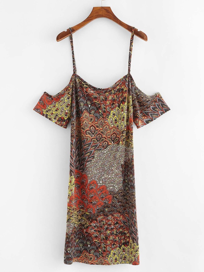 

Open Shoulder Geo Print Dress, Multicolor