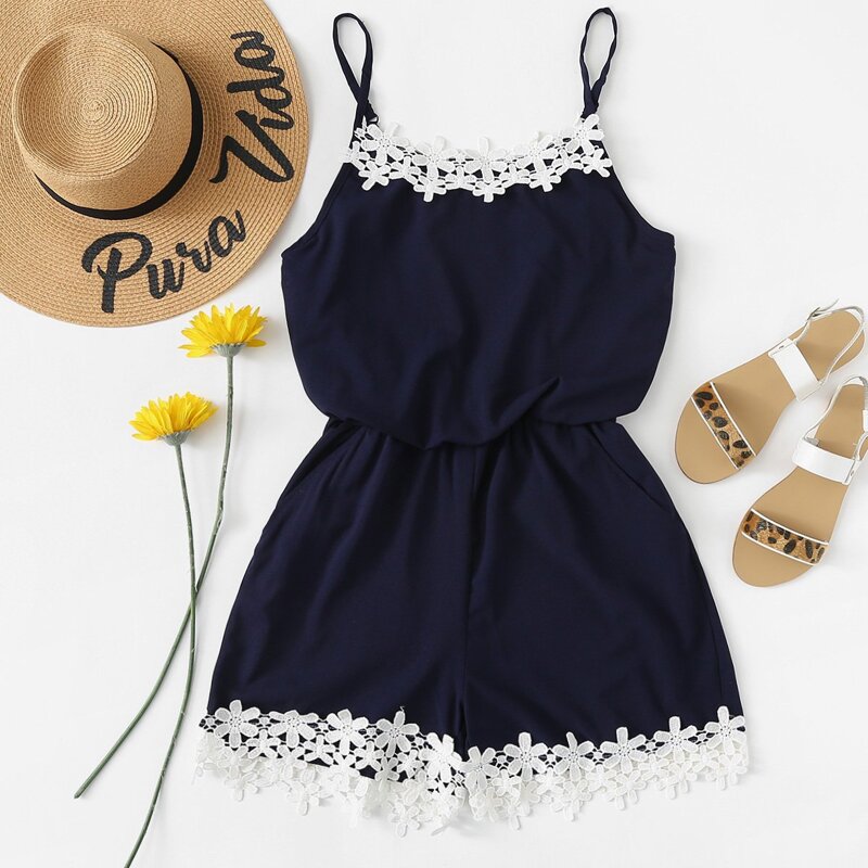 

Lace Trim Cami Romper, Navy