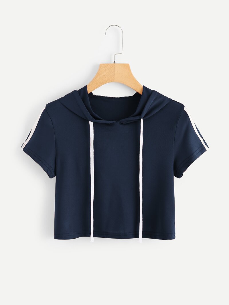 

Striped Tape Sleeve Drawstring Tee, Navy