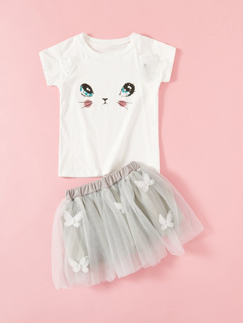 

Girls Cartoon Print Tee & Mesh Skirt Set, White