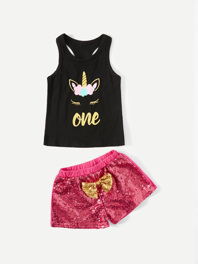 

Girls Printed Tank Top With Sequin Shorts, Black