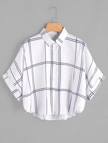 Plaid Dip Hem Roll Sleeve Blouse - Multicolor - View 1