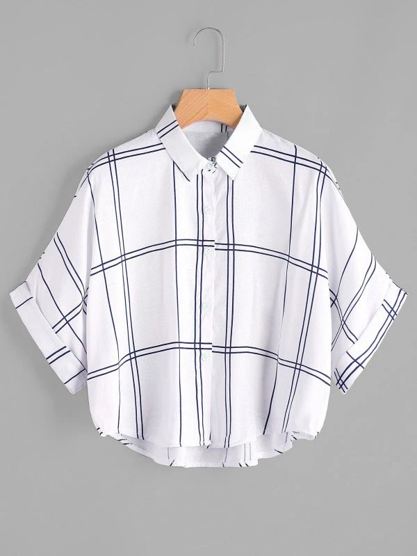 Plaid Dip Hem Roll Sleeve Blouse - Multicolor - View 1