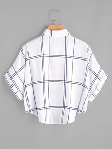 Plaid Dip Hem Roll Sleeve Blouse - Multicolor - View 2