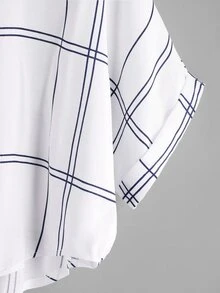 Plaid Dip Hem Roll Sleeve Blouse - Multicolor - View 3
