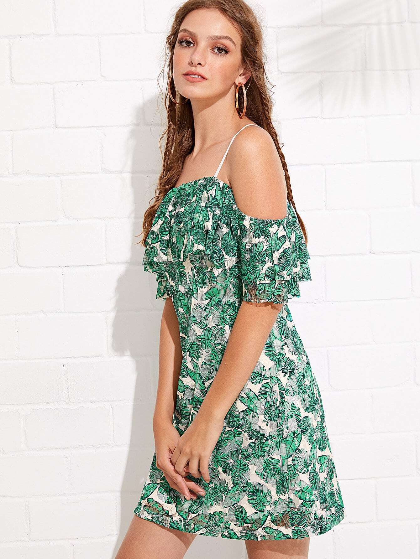 palm leaf print flounce embellished cami dress