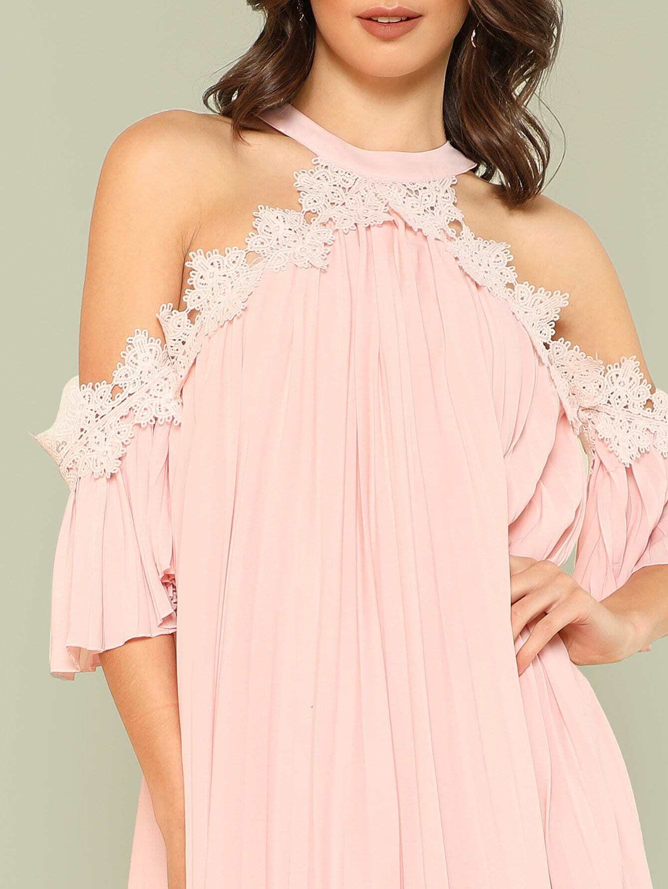 open shoulder lace applique flowy dress