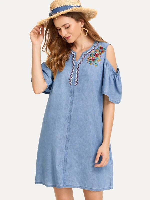 shein embroidered denim dress