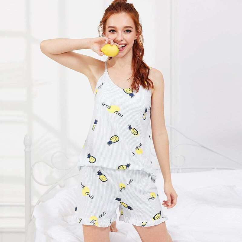 

Pineapple Print Cami Top & Shorts PJ Set, Blue