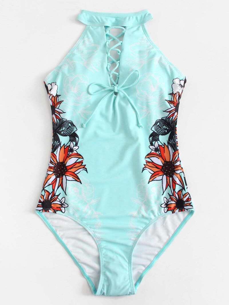 

Flower Print Lace Up Swimsuit, Multicolor