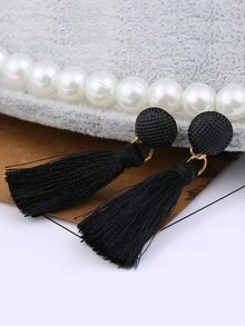 1pair Fashionable Long Tassel Pendant Earrings For Women - Black - View 2