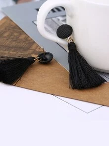 1pair Fashionable Long Tassel Pendant Earrings For Women - Black - View 4