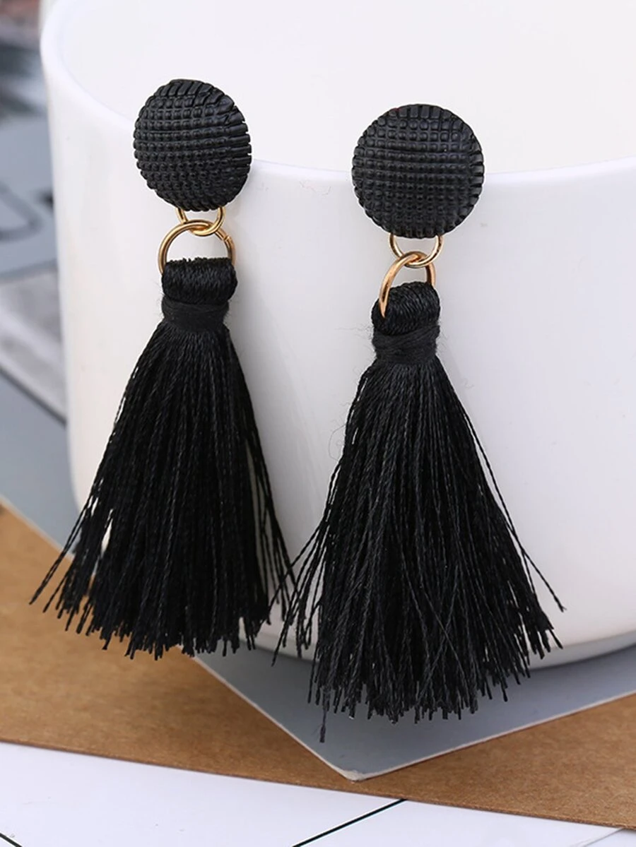 1pair Fashionable Long Tassel Pendant Earrings For Women - Black - View 1