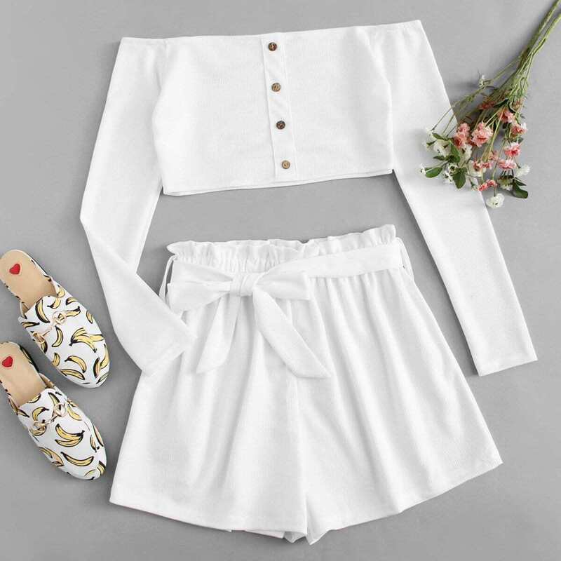 

Off Shoulder Single Breasted Top With Shorts, White