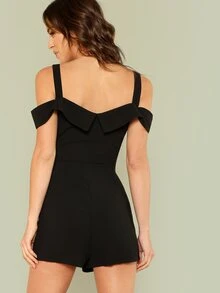 SHEIN Cold Shoulder Double Breasted Romper - Black - View 3