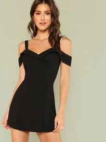 SHEIN Cold Shoulder Double Breasted Romper - Black - View 1