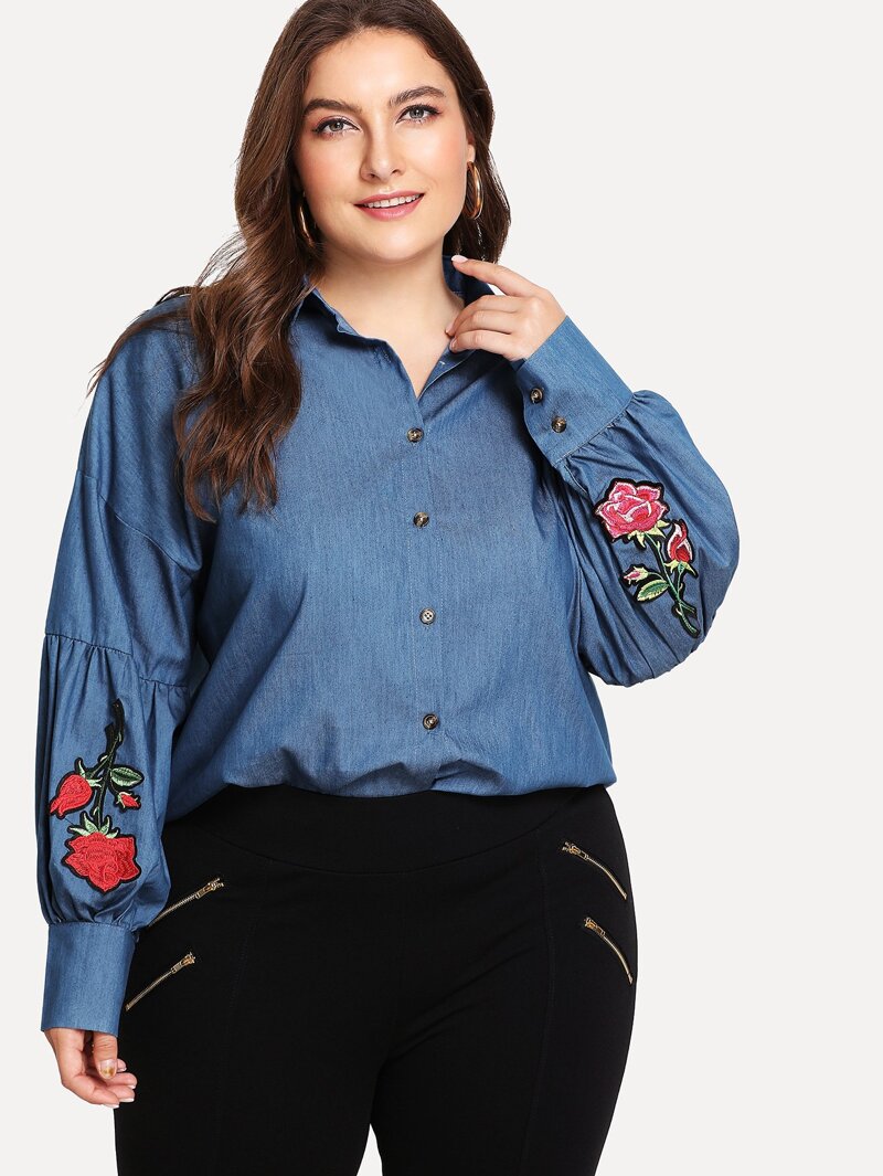 

Plus Rose Embroidered Drop Shoulder Denim Shirt, Blue