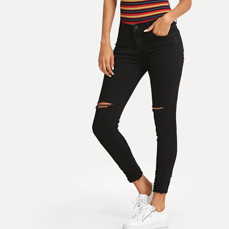 

Knee Rips Raw Hem Skinny Jeans, Black