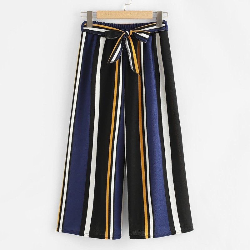 

Self Tie Waist Striped Wide Leg Pants, Multicolor