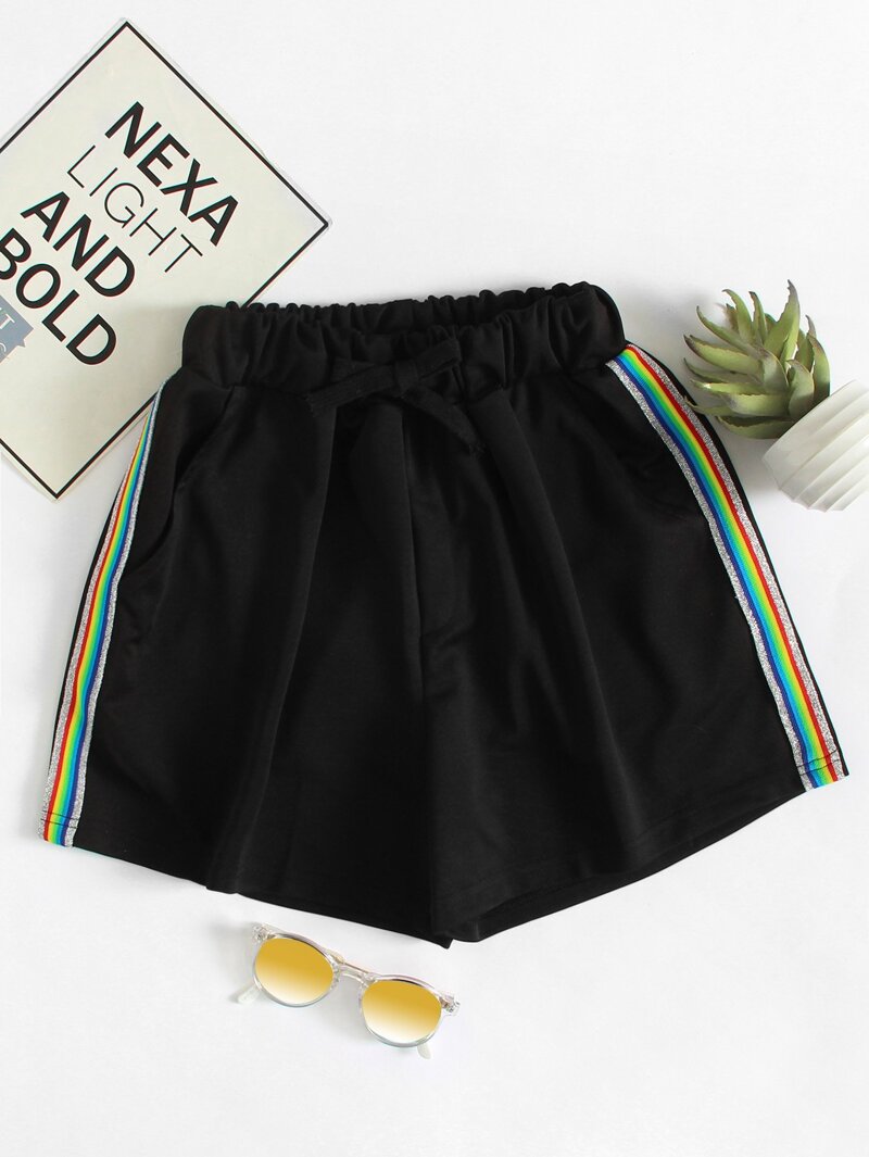 

Drawstring Waist Striped Tape Side Shorts, Black