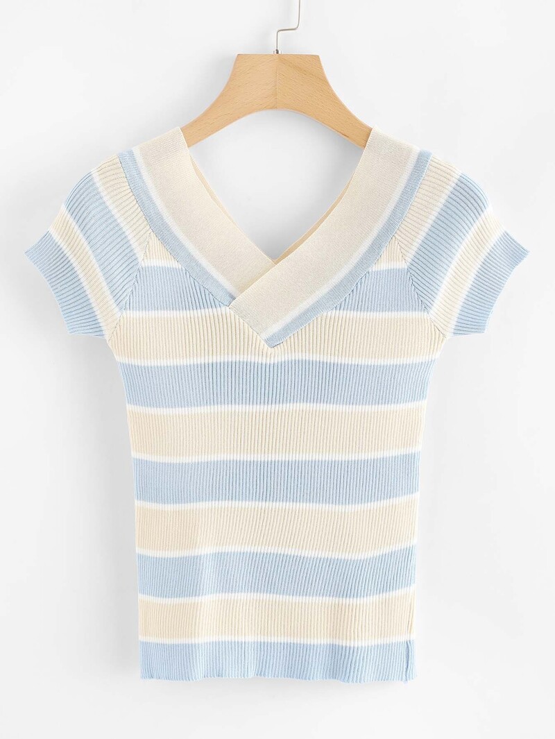 

V Neckline Striped Knit Tee, Multicolor