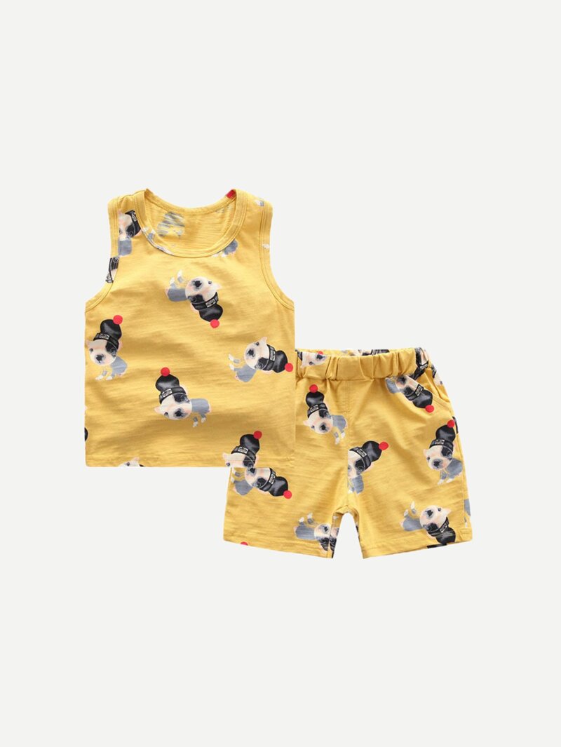 

Boys Dog Print Vest With Shorts, Yellow