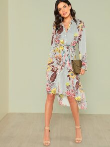 Slit Side Mixed Print Dip Hem Shirt Dress