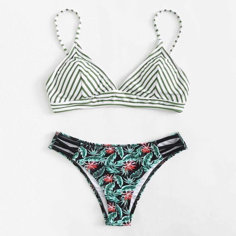 

Tropical Print Chevron Bikini Set, Multicolor