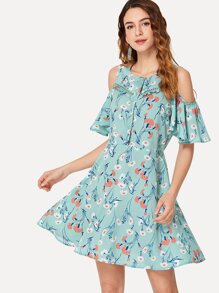 Open Shoulder Laser Cut Insert Botanical Dress