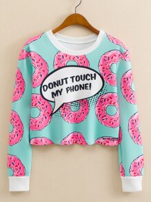 Donuts Print Contrast Trim Crop Sweatshirt