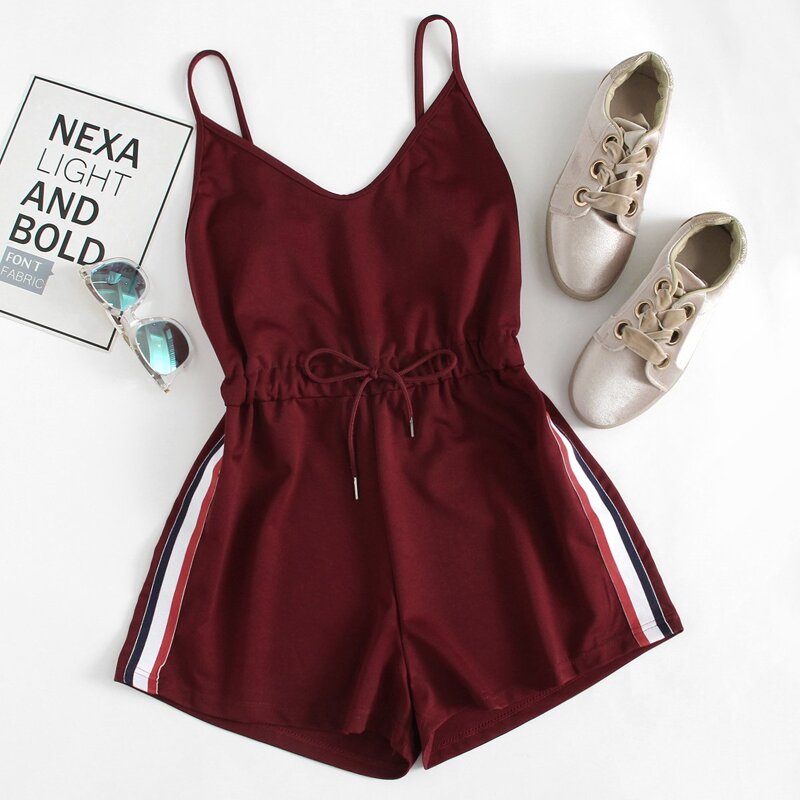

Contrast Striped Tape Romper, Burgundy