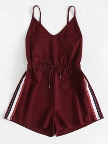 Contrast Striped Tape Romper - Burgundy - View 2