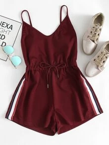 Contrast Striped Tape Romper - Burgundy - View 1