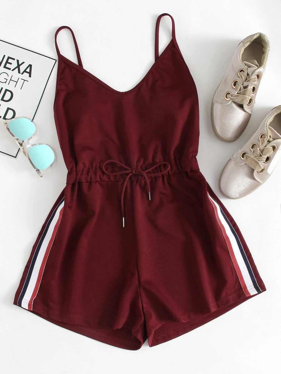 Contrast Striped Tape Romper - Burgundy - View 1